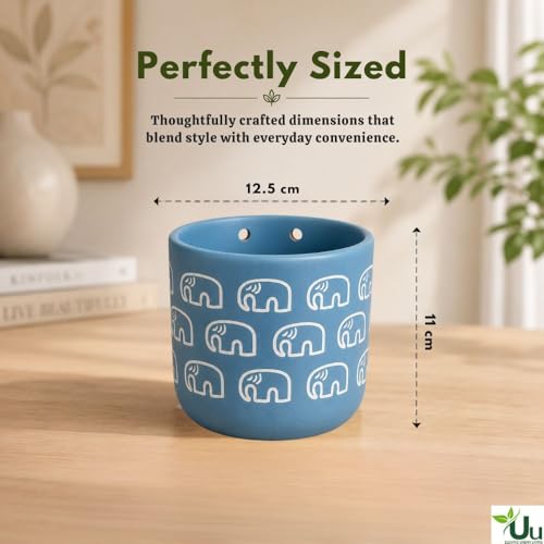 Image of Urban Upvan Elephant Printed Blue Terracotta Wall Planter - Premium Decorative Planter for Indoor & Outdoor Plants, Modern Elegant Flower Pot for Home, Garden & Office