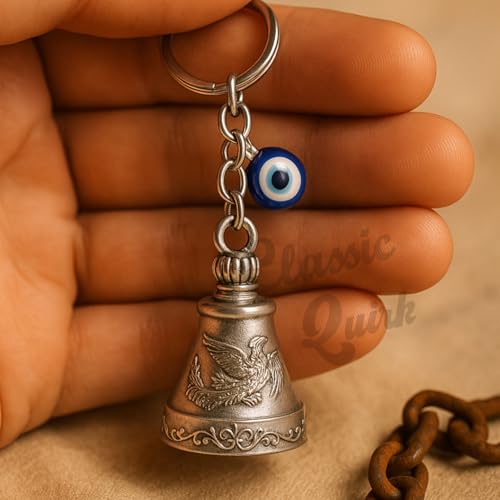 Image of Evil Eye Hooked Guardian Bell Keychain - Protective Lucky Charm Bell with Clip Hook for Bike, Car, Key & Bag | Spiritual Good Luck Talisman Gift