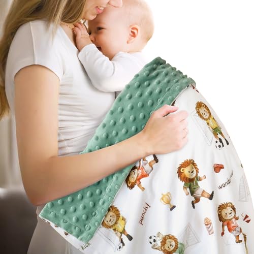 Image of BORITAR Soccer Baby Blanket Double Layer Dotted Lion Print 30 x 40 Inch | Super Soft Plush Minky Blanket for Boys Unisex for Newborn Infant Toddler Nursery Crib Stroller Car Pet Shower Gift