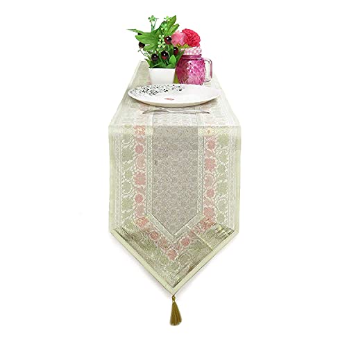 Image of E-EZRA Room Decor Banarasi Silk Handmade Flower V Shape Table Runner Dinning & Centre Table Long Runner Bed Runner Gold Tassels End Size 14 X 80 inches (Grey)