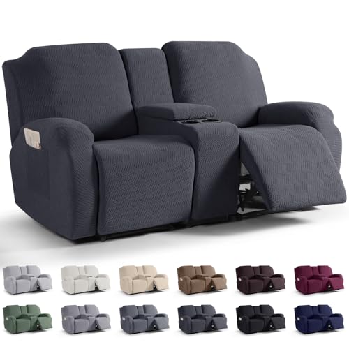 Image of KinCam Loveseat Recliner Covers with Middle Console Slipcover, Recliner Sofa Covers 2 Seat Couch Cover Stripe Jacquard Furniture Protector Covers with Elastic Bottom for Kids, Pets (Charcoal Gray)