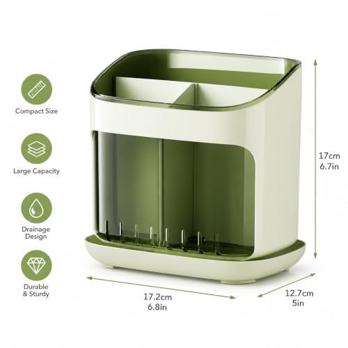 Image of Cutlery Holder with Drainage Tray | Kitchen Cutlery Organizer with Removable Partition | Large Capacity Countertop Storage Caddy (Green)