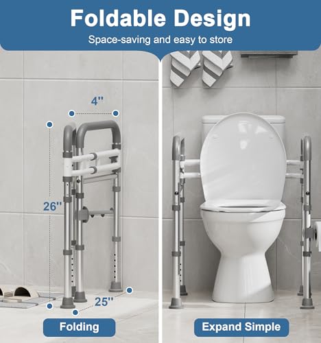 Toilet Safety Rails for Seniors, FSA HSA Eligible Adjustable Toilet Safety Frame with Handles for Elderly and Disabled, 350LBS Foldable Handicap Toilet Assistance Rail Fits Most Toilets, Gray