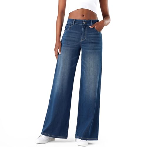Fanica Wide Leg Jeans for Women - Stretchy Low Rise Loose Fit Jeans Casual Denim Pants with Pockets