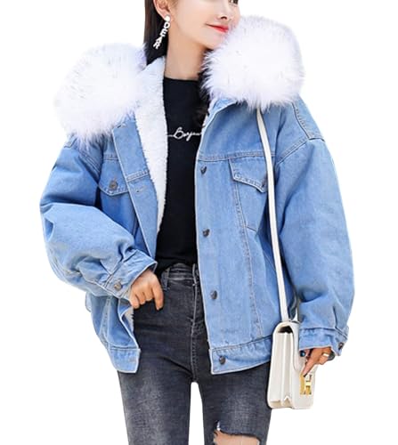 Flygo Women's Oversized Warm Sherpa Lined Faux Fur Hooded Denim Jacket Jean Coat3