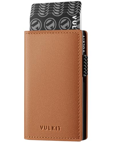 Image of VULKIT Minimalist Card Holder Wallet Top Grain Leather Pop Up Cards RFID Protection Holds Up to 10 Cards, Magnetic Closure