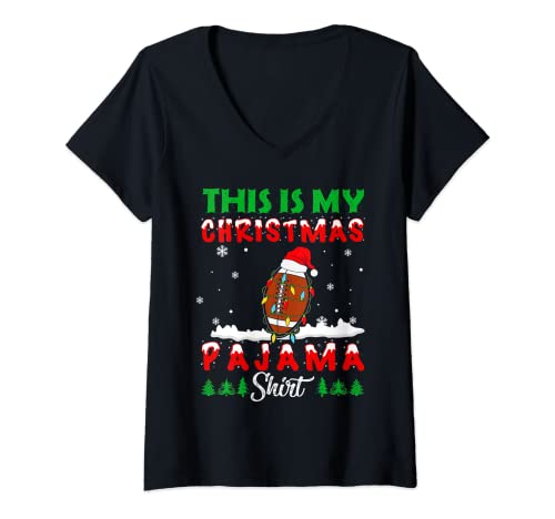 Mujer This Is My Christmas Pajama Football Santa Hat Xmas Lights Camiseta Cuello V