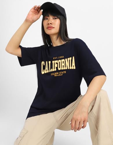 Image of JUNEBERRY Round Neck Drop Shoulder Round Neck Black & White Graphic Printed Pure Cotton Oversized Baggy Fit Half Sleeve T-Shirt for Women & Girls (Sizes: S to 2XL)