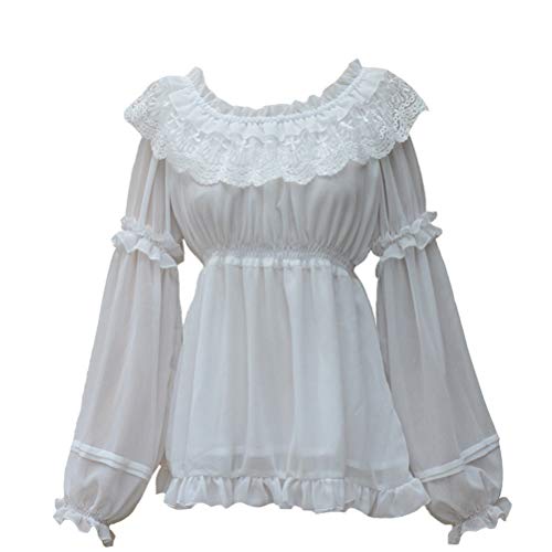 Smiling Angel Women's Lolita Crew Collar Lotus Ruffle Shirts Blouse White Black Apricot Lolita Blouse #TOP5