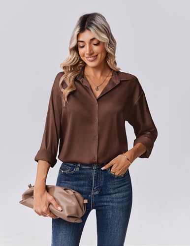 Zeagoo Womens Tops Long Sleeve Satin Silk Button Down Shirts Dressy Blouses - image 5