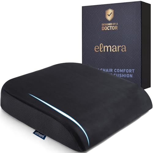 Elmara Doctor-Designed Memory Foam Seat Cushion is The Ultimate Comfort Solution &ndash; Thick Seat Cushion Relieves Back & Sciatica Pain &ndash; Suitable for Wheelchairs, Office Chairs, Home Chairs, Airplanes