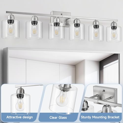 Image of Modern Brushed Nickel 6 Light Bathroom Light Fixtures,38 inch Vanity Lights for Bathroom with Clear Glass, Vanity Light for Mirror Kitchen Living Room Hallway Cabinet Porch