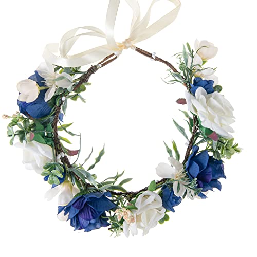 Floral Fall Adjustable Bridal Flower Garland Headband Flower Crown Hair Wreath Halo F-83 (B-blue) - Thumbnail 2