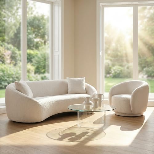 Image of Curved Sofa Set of 2,Modern Living Room Sofa Integral Sofas Furniture 3-Seater Sofas + 360 Degree Swivel Barrel Chair Tight Curved Back Boucle Fabric Wood Frame with Pillows Curves Couch and Chair Set