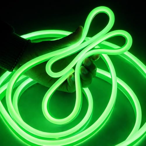 Image of Neon Strip Light, 16.4 feet (5 Meter), Flexible Silicone LED Rope, IP65 Waterproof, with 12V Adaptor, for Bedroom, Gaming Room & Home Decor | (Green)