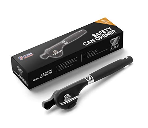 Hand Held Safety Manual Can Opener by Zulu Quality - Made of Stainless Steel and Silicone - Side Cut Action Leaves Smooth Edge and Replaceable Lid