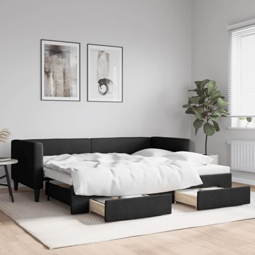 Gecheer Tagesbett Ausziehbar mit Schubladen Schwarz 90x190 cm Stoff, Schlafsofa Tagesbett Schlafcouch für Wohnzimmer Gästezimmer kleine Wohnungen3196626