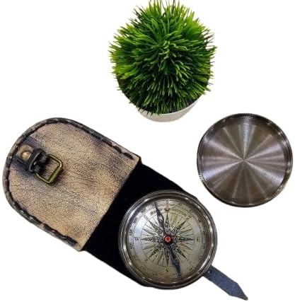 Engraved Compass Gift for Men – Vintage Brass Pocket Compass for Hiking, Adventure, and Travel – Antique Finish with Leather Case – Moon & Stars, or Road Design – Gift for Dad, Husband, or Son