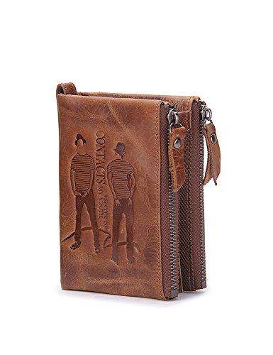 Lareinae Men Genuine Leather Cowhide Zip Wallet Vintage Bifold with Double Zipper Pockets (Brown 1)
