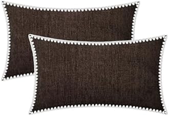 BRAWARM Throw Pillow Covers 12x20 Inches - Coffee Chenille Pillow Covers with Piping, Pack of 2 Solid Dyed Soft Chenille Pillow Cases for Couch Sofa Bed Home Decoration
