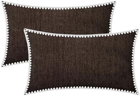 BRAWARM Throw Pillow Covers 12x20 Inches - Coffee Chenille Pillow Covers with Piping, Pack of 2 Solid Dyed Soft Chenille Pillow Cases for Couch Sofa Bed Home Decoration