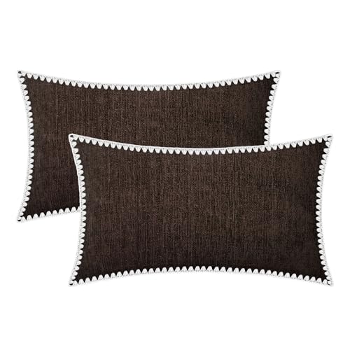 BRAWARM Throw Pillow Covers 12x20 Inches - Coffee Chenille Pillow Covers with Piping, Pack of 2 Solid Dyed Soft Chenille Pillow Cases for Couch Sofa Bed Home Decoration