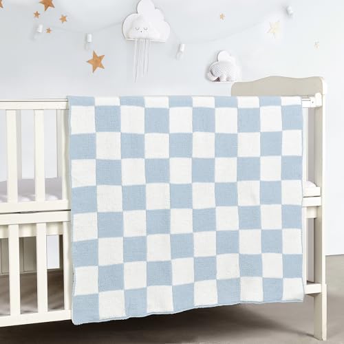 Image of CREVENT Warm and Soft Chenille Blanket for Girls and Boys, Essentials for Newborns, Reception Gift for Baby Softness - Blue Checked 75 x 100 cm