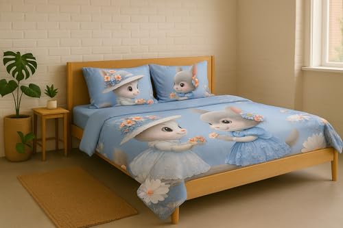 Image of King Size 7D Digital Print Bedsheet - 350 TC Cotton, Kids Friendly Design, Soft & Breathable 180 GSM Fabric, Machine Washable, Gift-Ready Packaging. (108x108 Inches). (Bunny)