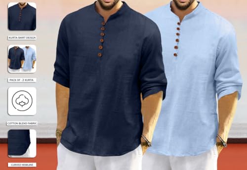Image of ROYALSCOUT Men's Cotton Polyester Blend Solid Regular Fit Full Sleeve Short Kurta | Ethnic, Lightweight Summer Kurta for Daily & Occasion Use
