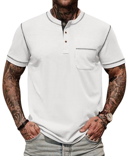 Mens Henley Shirts Casual Waffle Stretch Summer T-Shirt with Pocket (S-XXL)