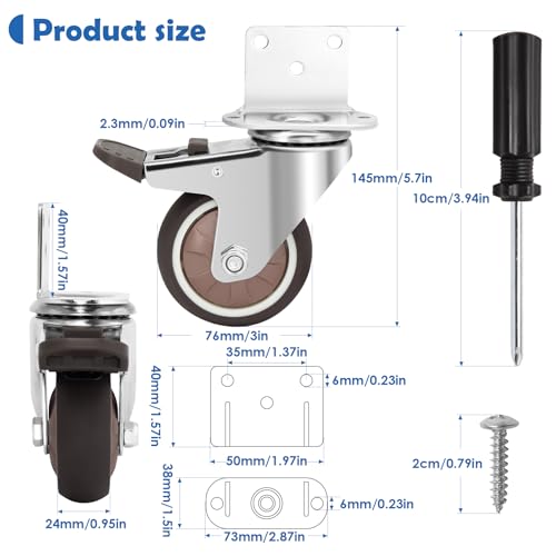 W B D WEIBIDA 3 Inch L-Shaped Casters with 4 Brakes, Side Mount Heavy Duty Castor Wheels with Load Capacity 1000 LBS - Image 4