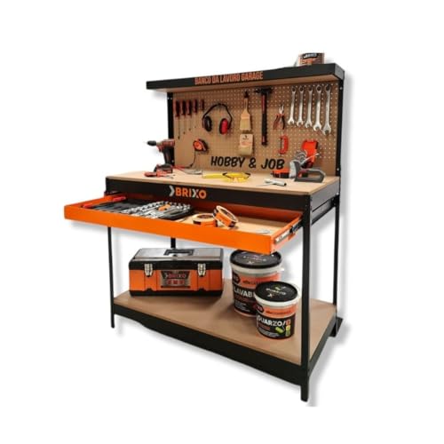 Brixo - Banco da lavoro in legno, con cassetto forato, 120 x 60 x 150 cm
