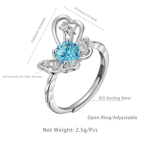 Birthstone Butterfly Opening Ring - 925 Sterling Silver Firework-Cut March Aquamarine Cubic Zirconia Adjustable Anniversary Engagement Promise Ring Birthday Jewelry Gift for Wife Mom Daughter DR0165M — view 4