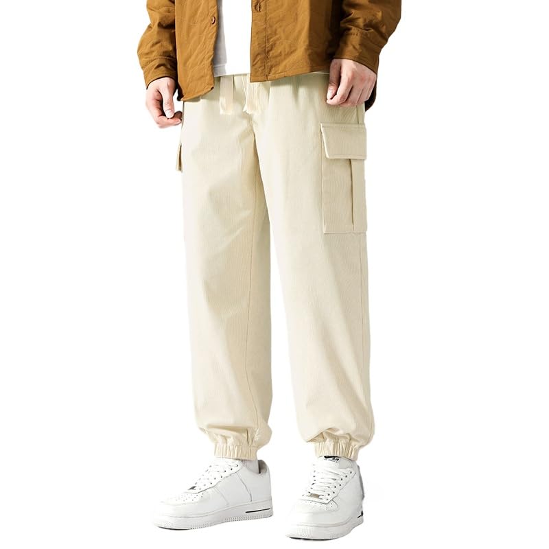 POHADON Men's Corduroy Joggers Pants Casual Trendy Cargo Pants Elastic Waist Drawstring Sweatpants with Pockets