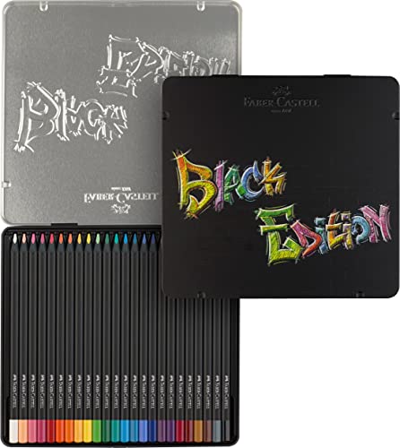 Image of Faber-Castell - Colouring Pencils Set Black Edition 24 Pieces in Metal Case | Brilliant coloured pencils for light and dark paper with soft colour stroke, shatter-proof and ergonomic colouring pens