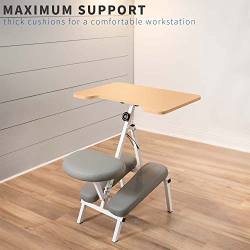 Vivo Kneeling Chair With 28 X 18 Inch Desk, Height Adjustable Posture Stool With Table For Home And Office, Gray Cushions, Light Wood Desktop, White Frame, Desk-Kn01C #TOP4