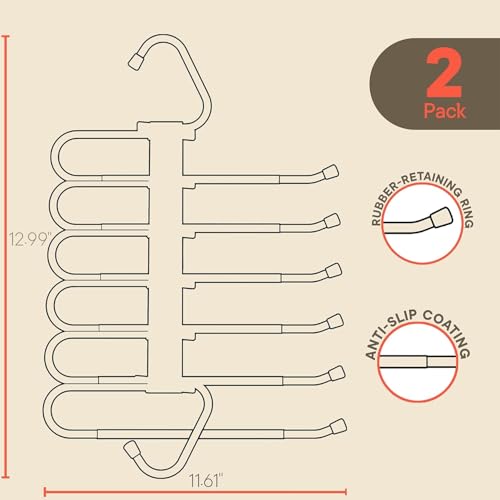 Black Space Saving Pants Hangers 2 Pack, 6 Layer Jeans Hangers and Closet Organizer for Jeans, Scarves, Skirts, Multi-Layer Hanger with Anti-Slip Coating & Stopper, Heavy-Duty S-Type Stainless Steel by Campior - Image 2
