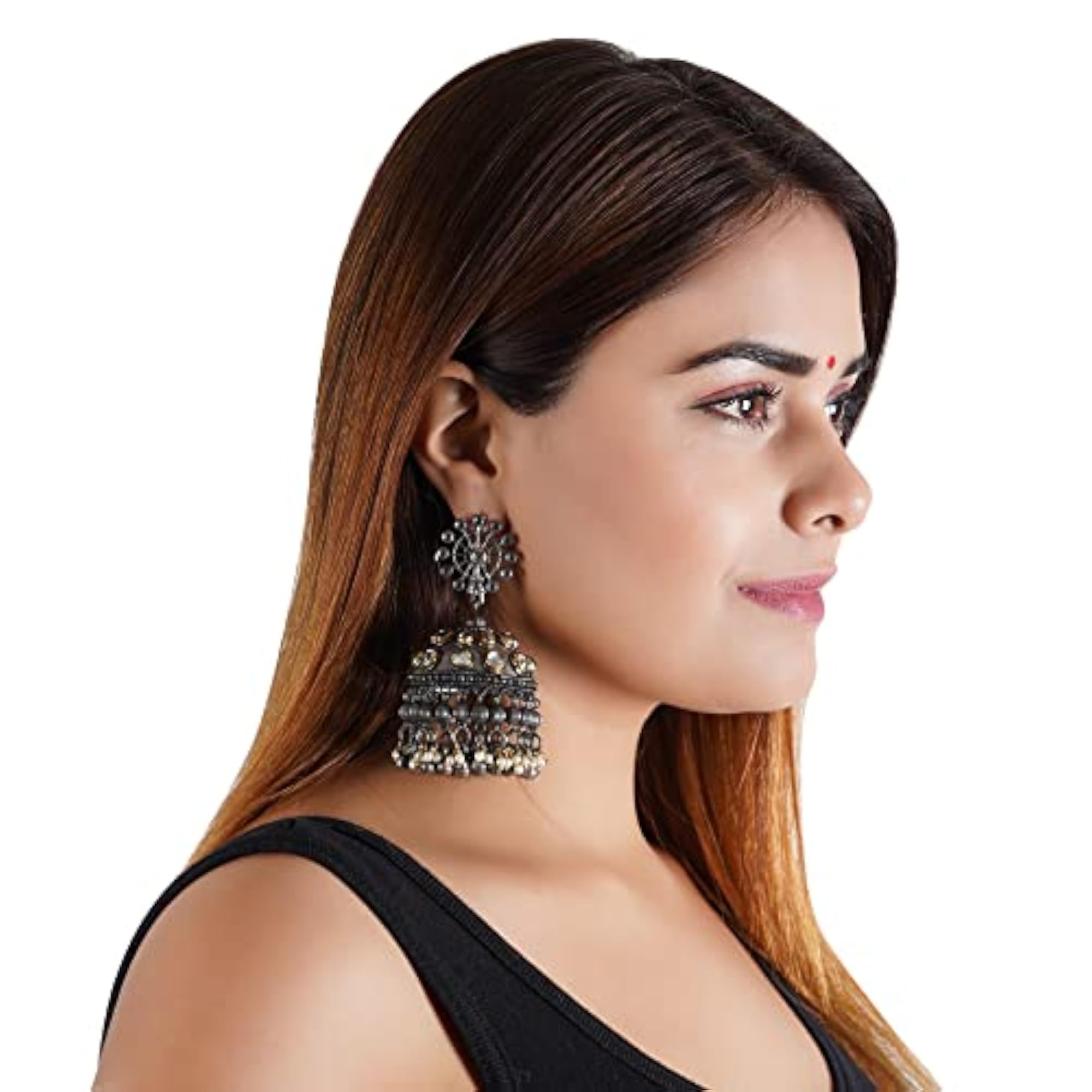 Women's Ethnic Style Black Oxidised Jhumka Earrings, Designer German Silver