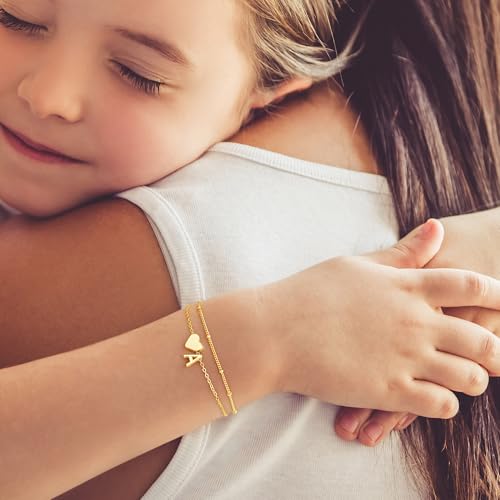 M MOOHAM Initial Heart Gold Bracelets for Women - Layered Dainty Gold Heart Letter A-Z Charm Bracelets for Women, Chain Link Charm Bracelets Beaded Bracelets Birthday Gifts Womens Jewelry3
