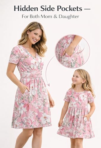 Image of Mommy and Me Floral Dresses Mother Daughter Matching Short Sleeve Tshirt Midi Dress Crew Neck Outfits with Pockets
