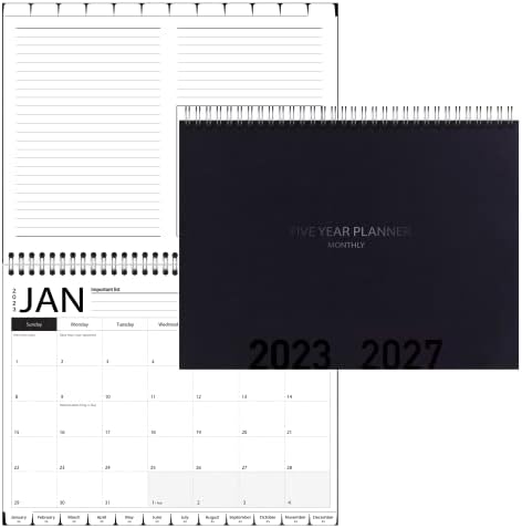 5-Year Calendar Planner, 2023-2027 Monthly Schedule Organizer Flip Calendar Diary with Tabs, Spiral Bound Top, Black, 8 ½” Wide x 11” Long
