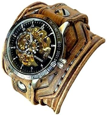 Steampunk - Reloj de pulsera de cuero para hombre, hecho a mano con esfera de reloj de esqueleto, cuero marrón de grano completo, 2.5 pulgadas de