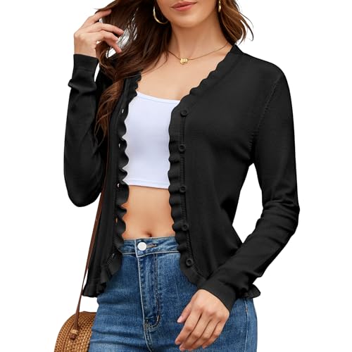 Gilet Court à Volants Femme Cardigan en Maille Fine Tricot Boutonné Col V Veste Courte Légère Chic Boléro Manches Longues Noir M
