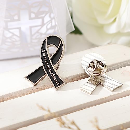 Tigeen 50 Pcs Metal Funeral Ribbon Pins Memorial Pins Forever in Our Hearts Funeral Favors Memorial Service Lapel Pin for Funeral Event Mourning Remembrance Day