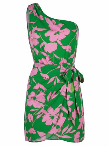 Image of CUPSHE Women's One Shoulder Leaf Print Self-tie Short Dress Sleeveless Tiered Hem Formal Dress Casual Mini Dress