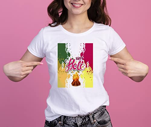 Image of MUKESH HANDICRAFTS Knitted Polycotton Fabric Regular Fit Girl Women Half Sleeve T-Shirt for Festival of Holi Style 27 White Size : Free