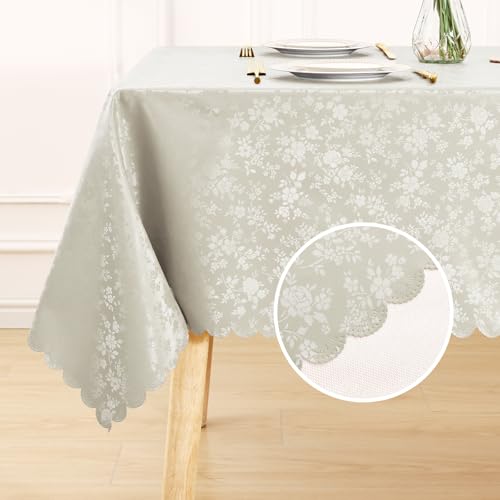 Image of Smiry Rectangle Waterproof Heavy Duty Vinyl Tablecloths, 60 x 102 Inch | Wipeable Washable Floral Embossed Table Cover for Kitchen and Dining Room, Indoor & Outdoor Use, Sand