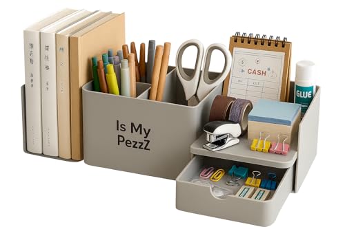 ISMYPEZZZ Organizador de Escritorio Extensible con Cajón y Lapicero, Desk Organizer Minimalista con Portalápices para Papelería, Oficina, Teletrabajo, Estudio y Oposiciones