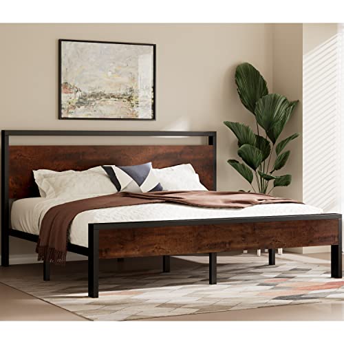 Hoomic King Size Platform Bed Frame With Rustic Headboard, Metal Bed Frame With Strong Slat Support, Mattress Foundation, No Box Spring Needed. Mahogany #TOP18