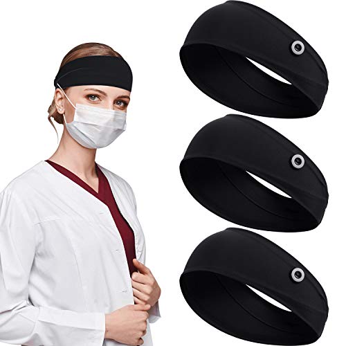 3 Pieces Button Headband Headwrap Ear Protection Holder Stretchy for Face Cover, Multifunctional Hair Band with Buttons for Nurse Doctor People Wearing Face Covers (Black)